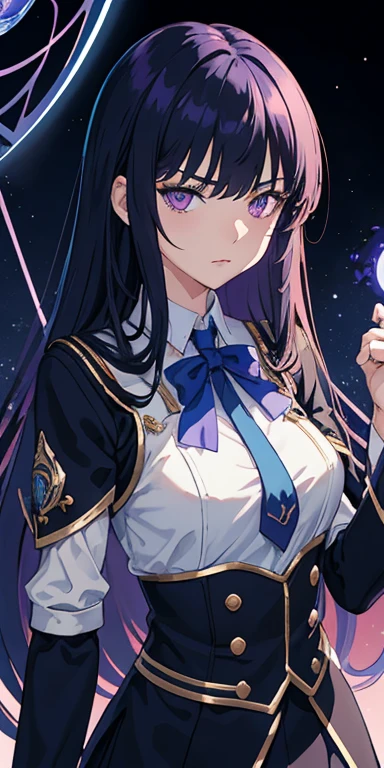 tmasterpiece, Best quality at best,In the daytime, Magic Class, , Blue oblique bangs long hair, Purple eye，female pervert, Wearing a college uniform，Arrogant temperament，high qulity, Beautiful graphics, high detal