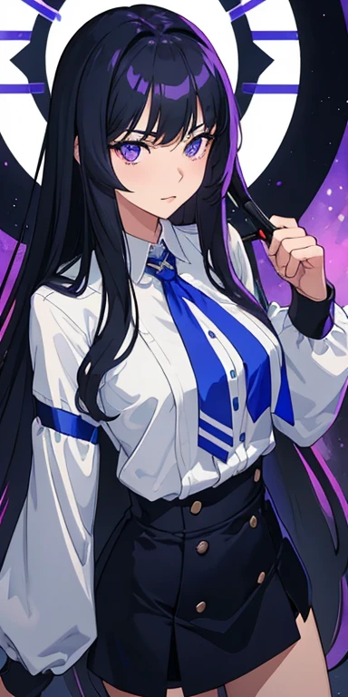 tmasterpiece, Best quality at best,In the daytime, Magic Class, , Blue oblique bangs long hair, Purple eye，female pervert, Wearing a college uniform，Arrogant temperament，high qulity, Beautiful graphics, high detal