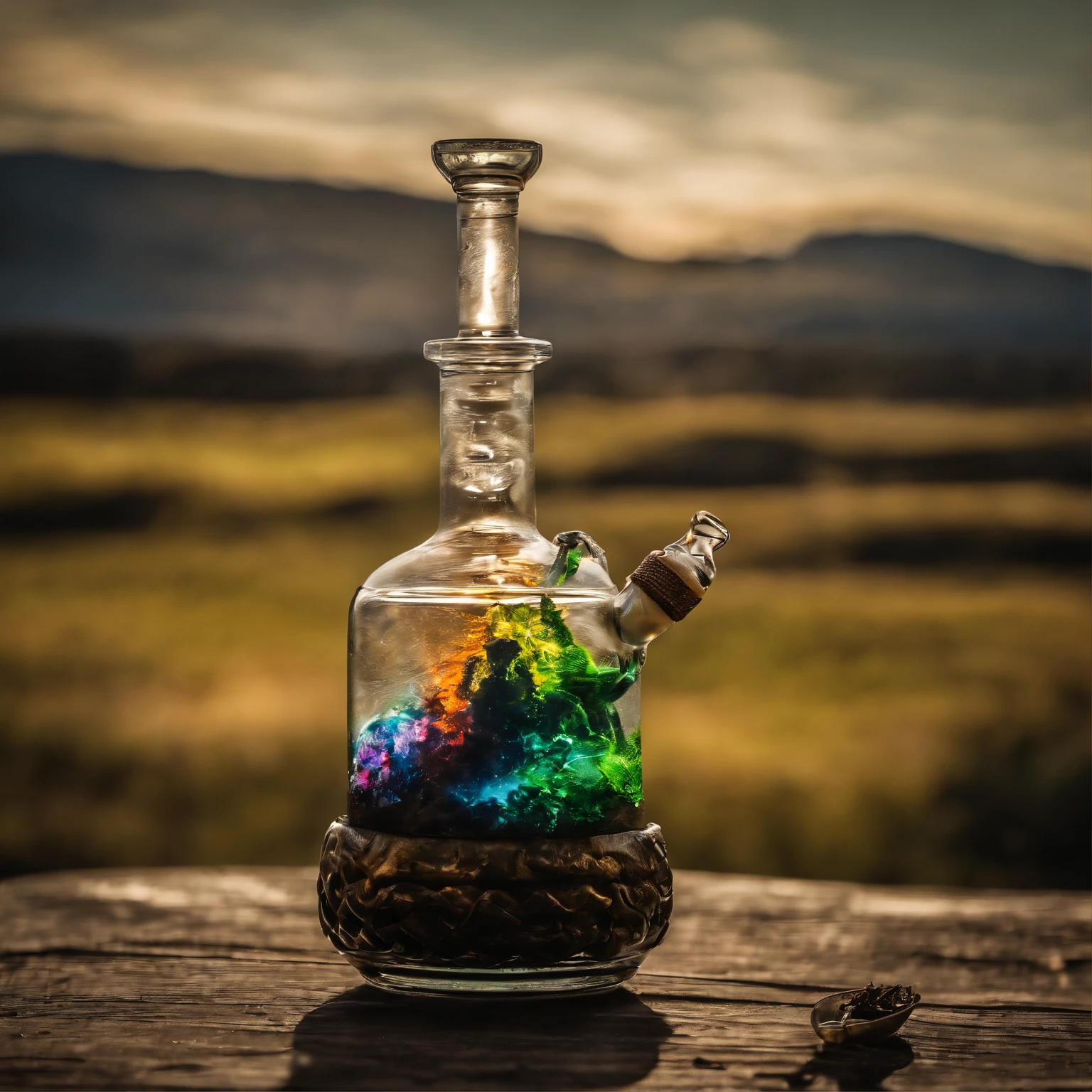 Glass bong, marijuana, smoke. Stoners head exploded with rainbows