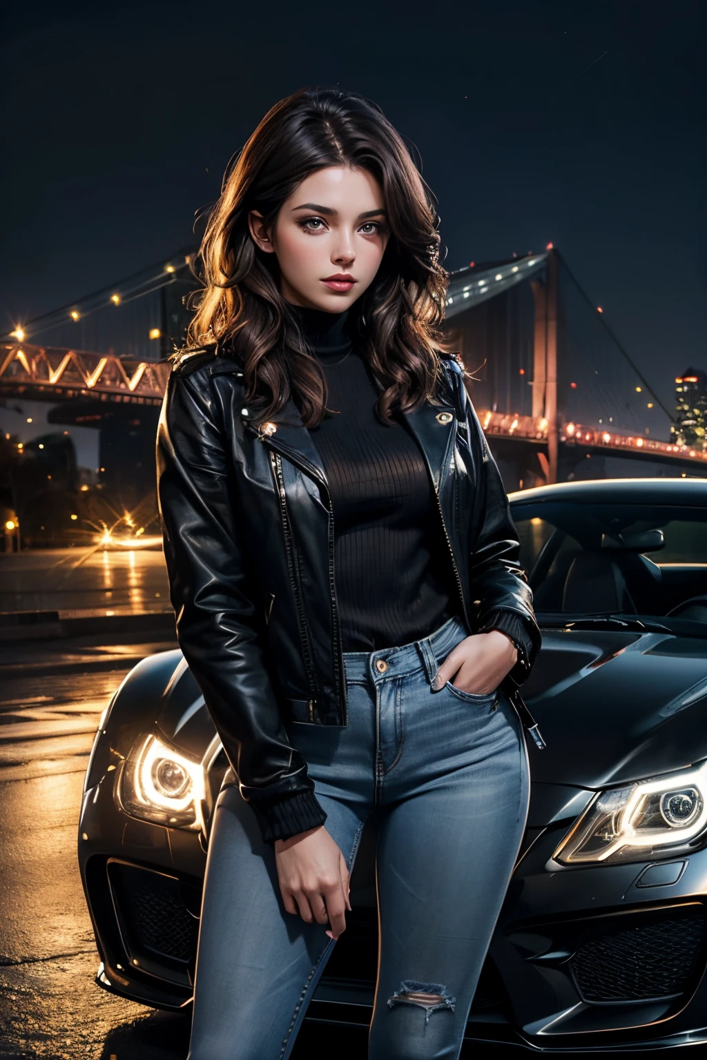 A beautiful woman stands in front of a car-shaped time machine. Dark brown hair. Beautiful double eyes. The bridge of my nose. Well-shaped lips. Wearing a jacket and jeans. The location is a city at night. The car is a sports car type.