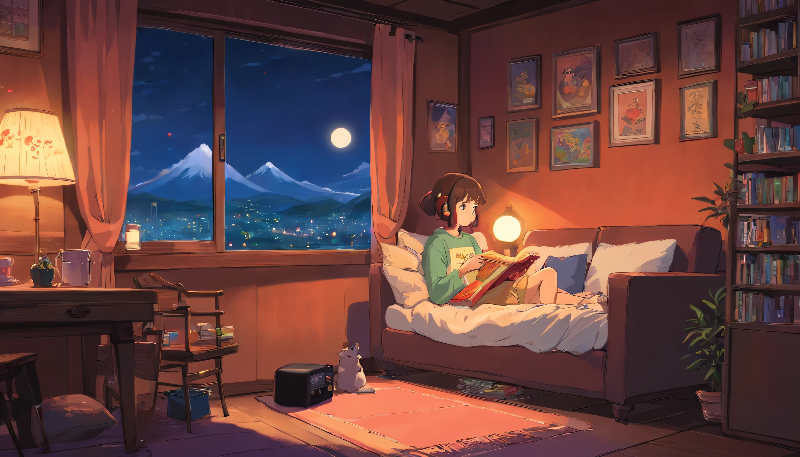 Girl listening to music in a cozy room at night, Usando fones de ouvido, Anime estilo 2D, Lo-fi, disco Rigido, Ambiente escuro, Aconchegada com o namorado,