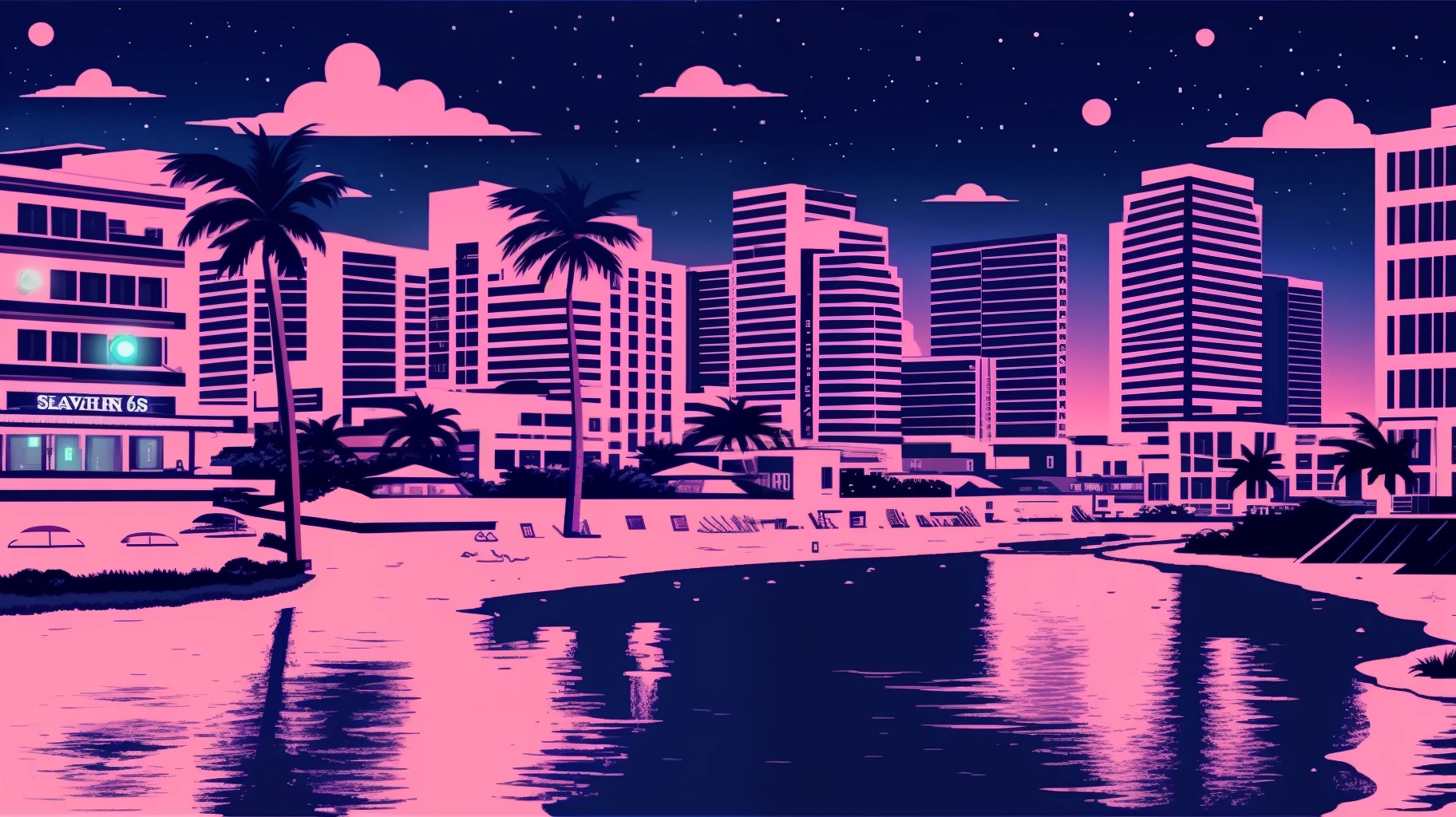 GTA 6 vice city nightscape, beachside, buildings, neon signs, cinematic, realistic --auto --s2