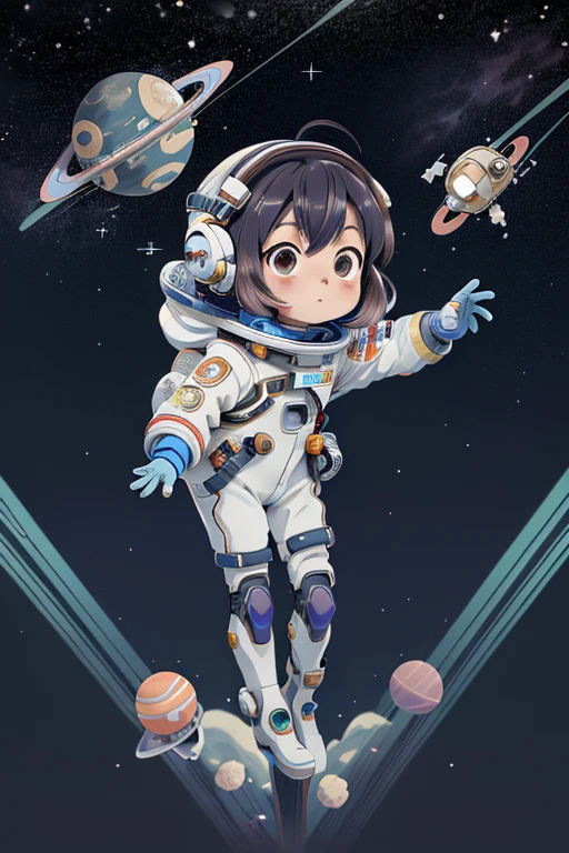 Anime characters in space，There are planets and planets in the background, In space, [ Zero gravity ]!!, girl in space, portrait anime space cadet girl, fly in space, Little astronaut, spacewalk, Space travelling, Floating in outer space, floats in space, tatami galaxy, in outer space, standing in outer space, An anime cover, it is flying through space