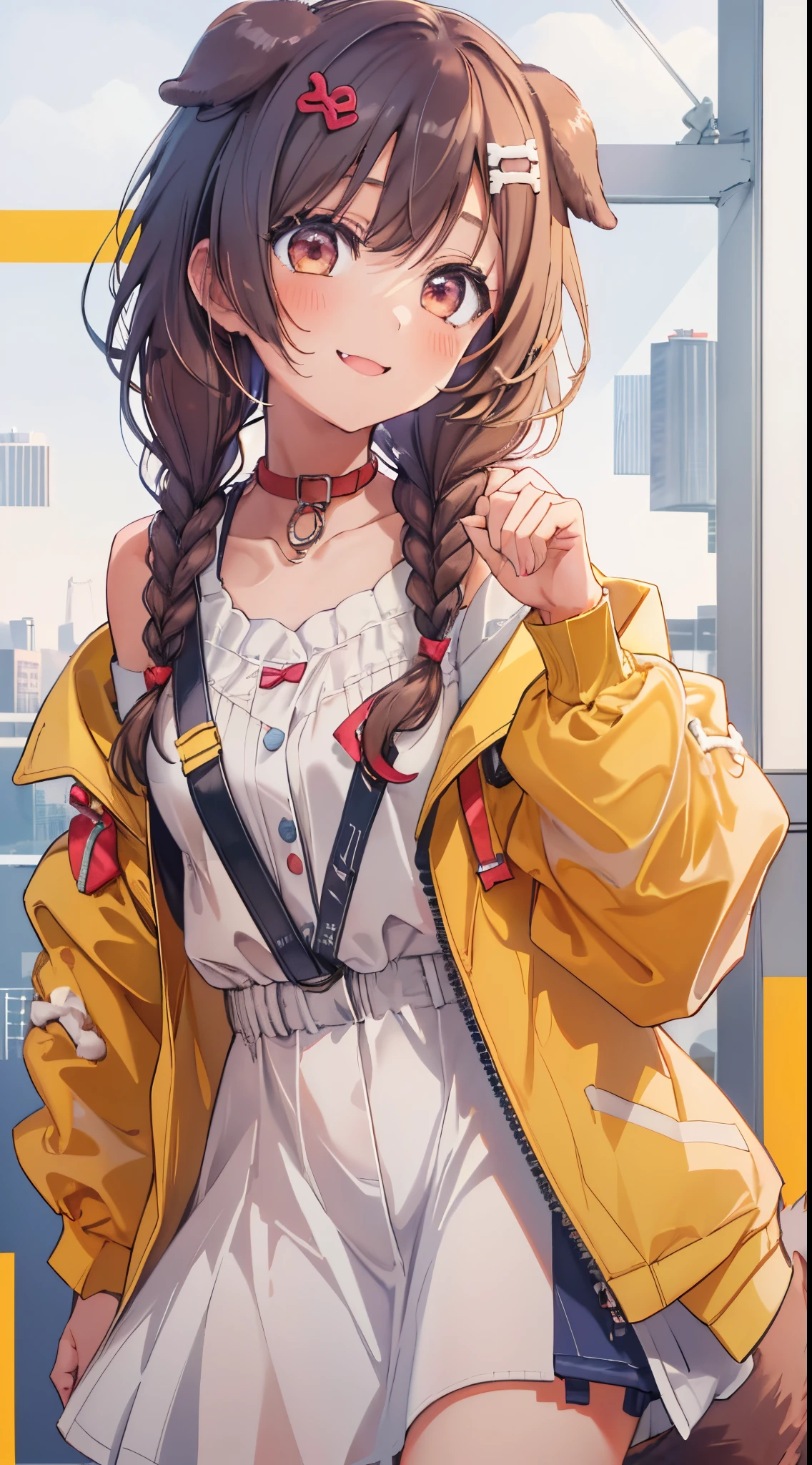 1girl in, Solo, Simple background, Yellow jacket, white dres, off shoulders, animal collar, low twin braids, Bone hair ornament, Dog tail、(((a closeup)))、A smile、Open your mouth