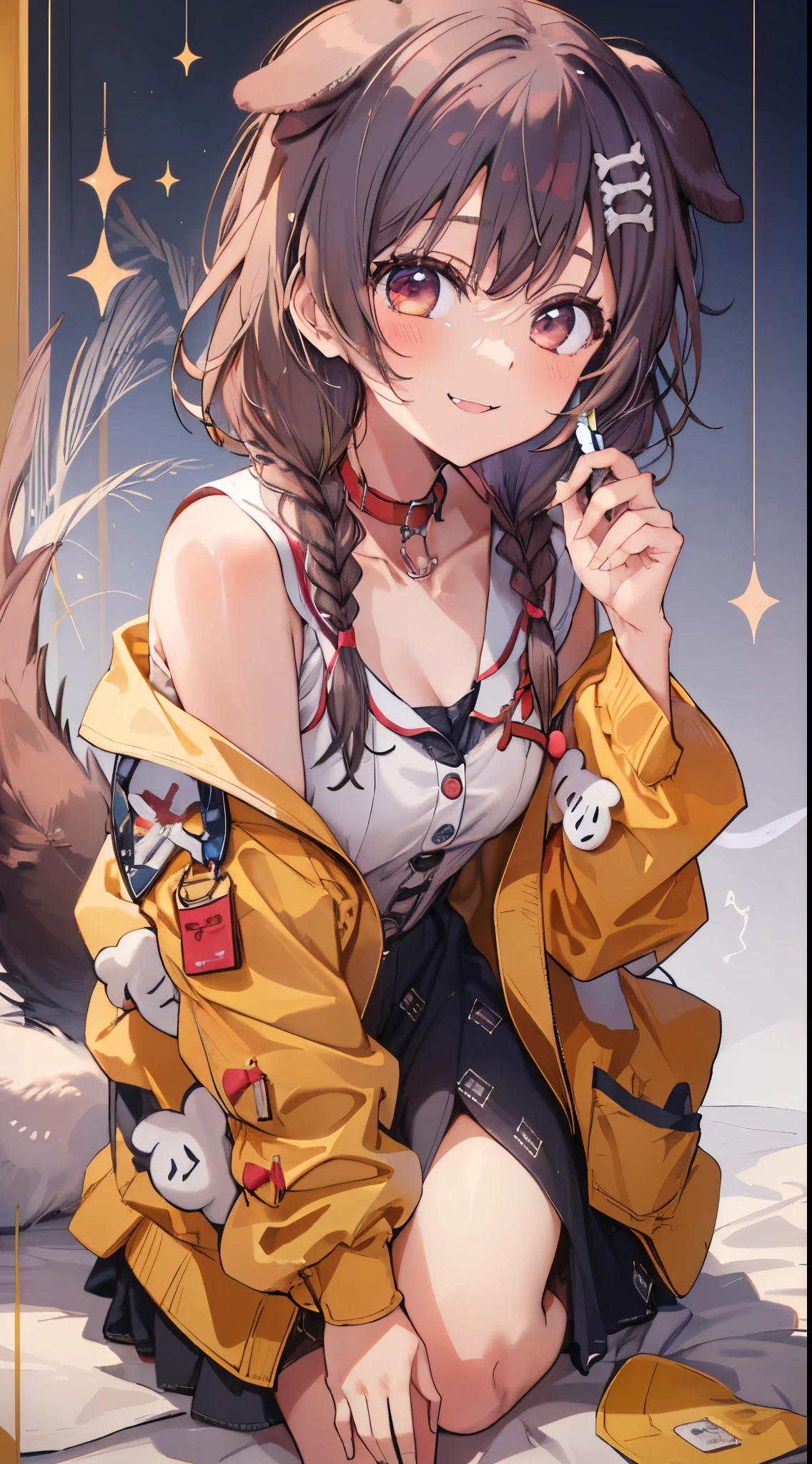 1girl in, Solo, Simple background, Yellow jacket, white dres, off shoulders, animal collar, low twin braids, Bone hair ornament, Dog tail、(((a closeup)))、A smile、Open your mouth