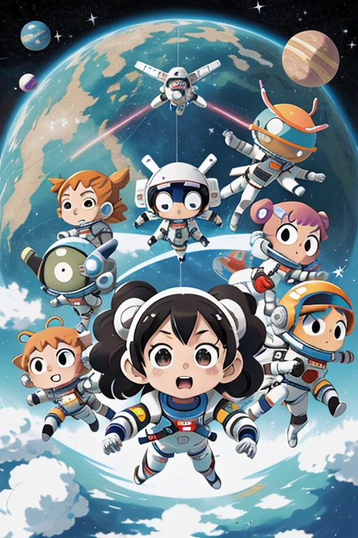 Anime characters in space，There are planets and planets in the background, In space, [ Zero gravity ]!!, girl in space, portrait anime space cadet girl, fly in space, Little astronaut, spacewalk, Space travelling, Floating in outer space, floats in space, tatami galaxy, in outer space, standing in outer space, An anime cover, it is flying through space