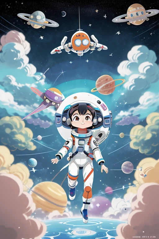 Anime characters in space，There are planets and planets in the background, In space, [ Zero gravity ]!!, girl in space, portrait anime space cadet girl, fly in space, Little astronaut, spacewalk, Space travelling, Floating in outer space, floats in space, tatami galaxy, in outer space, standing in outer space, An anime cover, it is flying through space