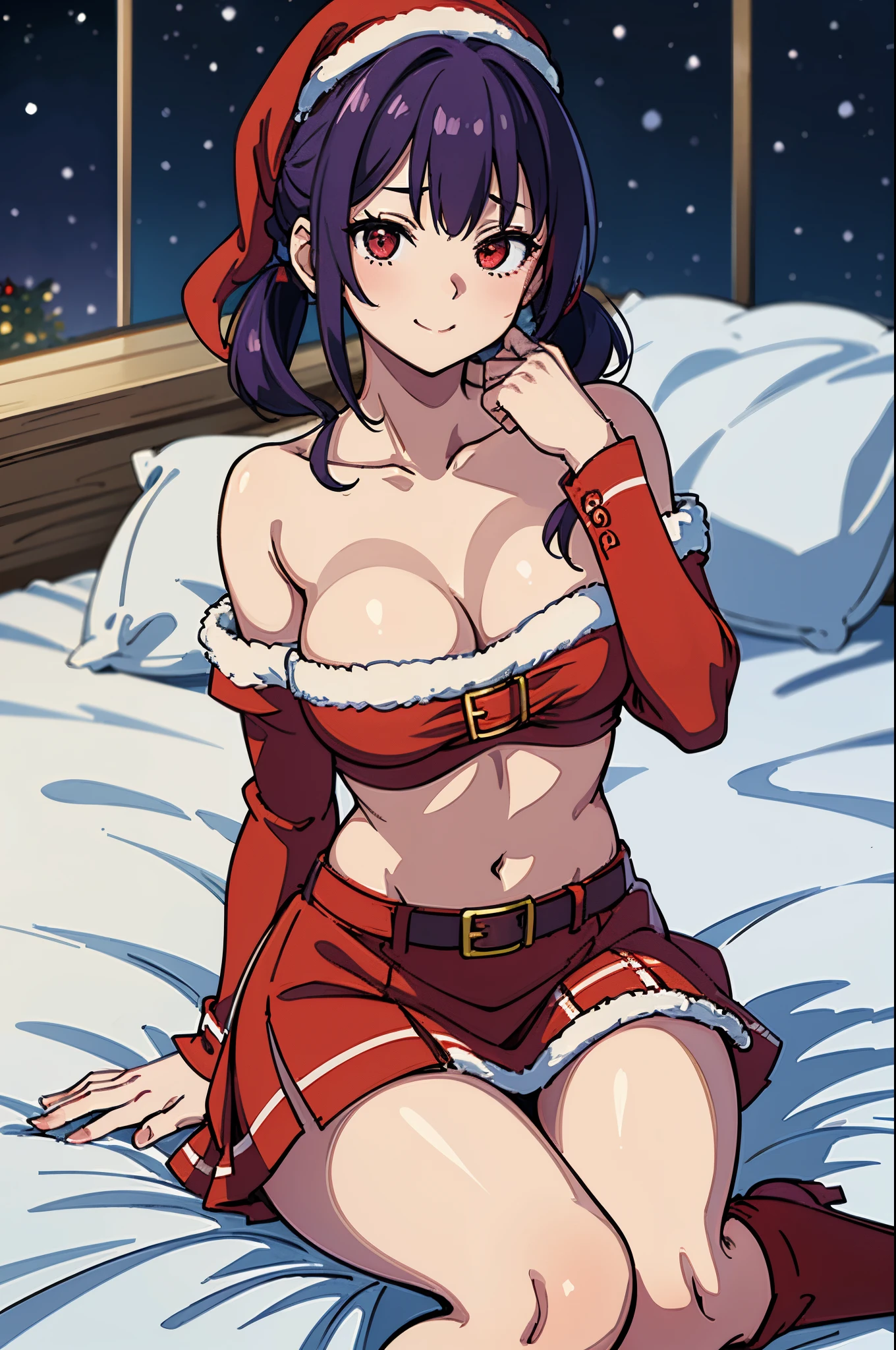 ８K、Best Quality、white Christmas、Bedroom with a view of the night sky、独奏、a beauty girl、delicated face、a smile、Long pigtails、Purple hair、red eyes、Colossal tits:1.8、Chest where clothes are about to tear、big butts:5.5、big breasts thin waist、Beautiful constriction、shinny skin、beauty legs、santa clothes、white stockings、Santa's Hat、red and white santa skirt、Red Long Boots、sit on a bed、