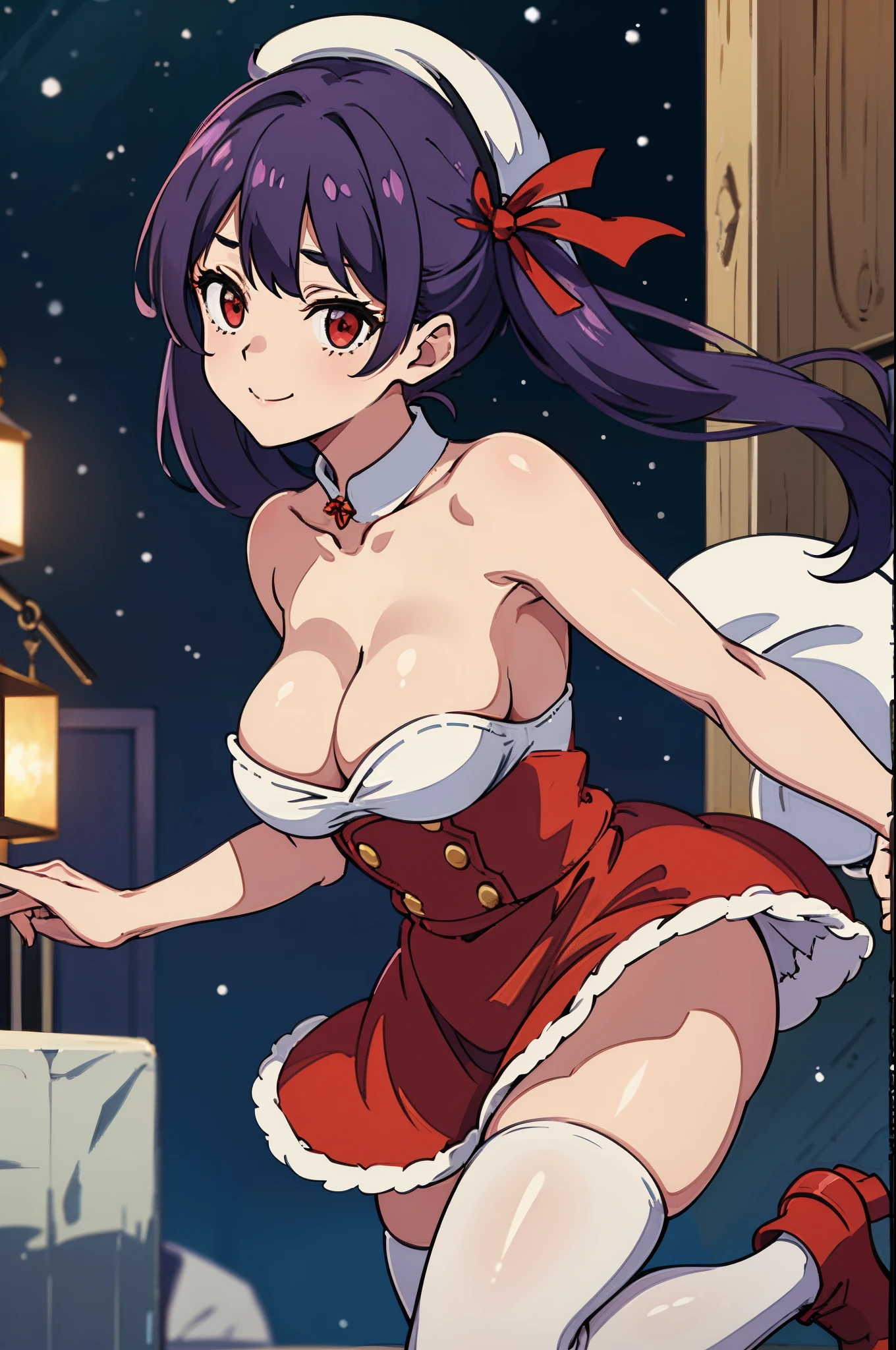 ８K、Best Quality、white Christmas、Bedroom with a view of the night sky、独奏、a beauty girl、delicated face、a smile、Long pigtails、Purple hair、red eyes、Colossal tits:1.8、Chest where clothes are about to tear、big butts:5.5、big breasts thin waist、Beautiful constriction、shinny skin、beauty legs、santa clothes、white stockings、Santa's Hat、red and white santa skirt、Red Long Boots、