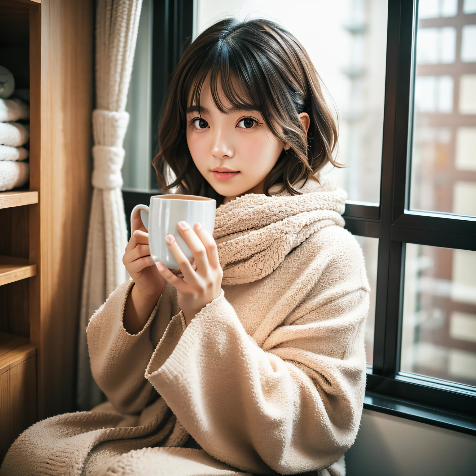 Cute woman wrapped in a fluffy blanket、((25-years old))、japanes、sitting on、1 girl in、Japanese narrow studio apartment、Hold a ceramic coffee cup with both hands、viewer is looking down、a picture、35mmfilmg、Sleepy face、short-hair、waved hair、disheveled hair、Fix、no-makeup、Plump lips、Detailed finger、real looking skin、Spoiled face
