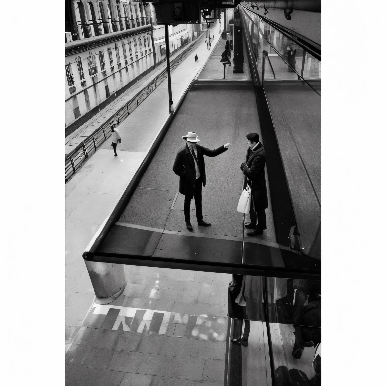 There are two men standing on the train platform, Jean-Yves Couliou, Inspired by Andre Kertesz, inspired by Jerry Schatzberg, Inspired by Gary Winogrand, author:Giovanni Pellicholi, author:John Keane, author:Fernando Geraci, author:Mirabello Cavalori, author:Constantine Andrew, author:Paul Parent