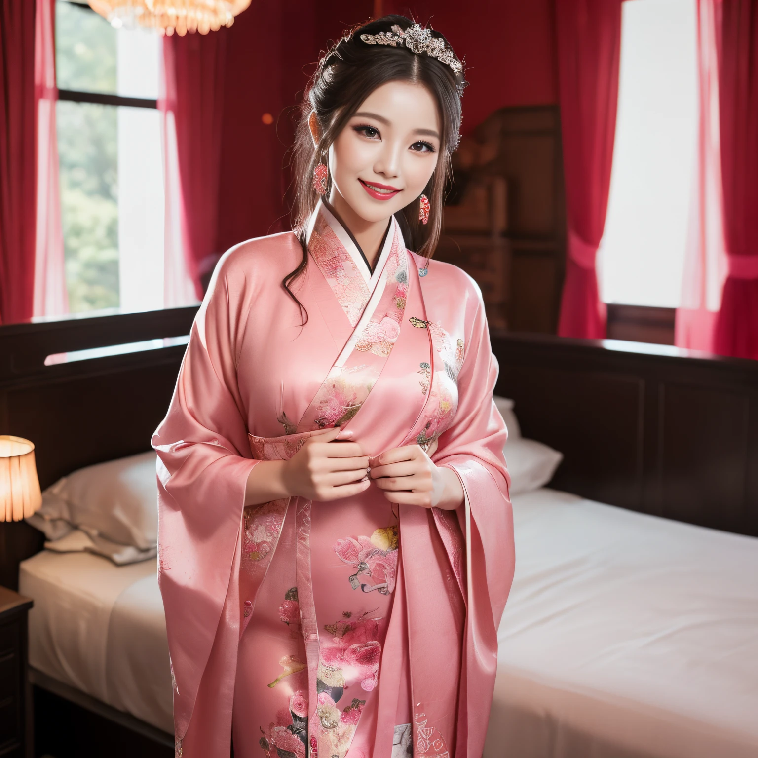 ((top-quality、masutepiece、8K、Top image quality、Highly complex and detailed depictions))、(a chinese princess:1.1)、((chinese hair ornaments、Traditional Chinese Hanfu、Princess wearing red and pink traditional Chinese hanfu、(red and pink room:1.3)、Beautiful legs exposed、Raw feet、Standing in the bedroom、long furisode、Unimaginably luxurious Chinese style princess bedroom、(romantic midnight warm lighting:1.3)、(two tone lighting in dark midnight:1.2)、softlighting、spectacular movie lighting、The most luxurious red and pink Chinese style bedroom、(romantic dark night:1.5)、Very complex decoration、(Bed surrounded by huge beautiful pink curtains:1.2)、(View me、Bewitching smile、Perfect makeup、long eyelashes、Red cheeks、glitter makeup、eyeshadows、perfect anatomia、Biggest smile)、(accurate anatomy:1.2)