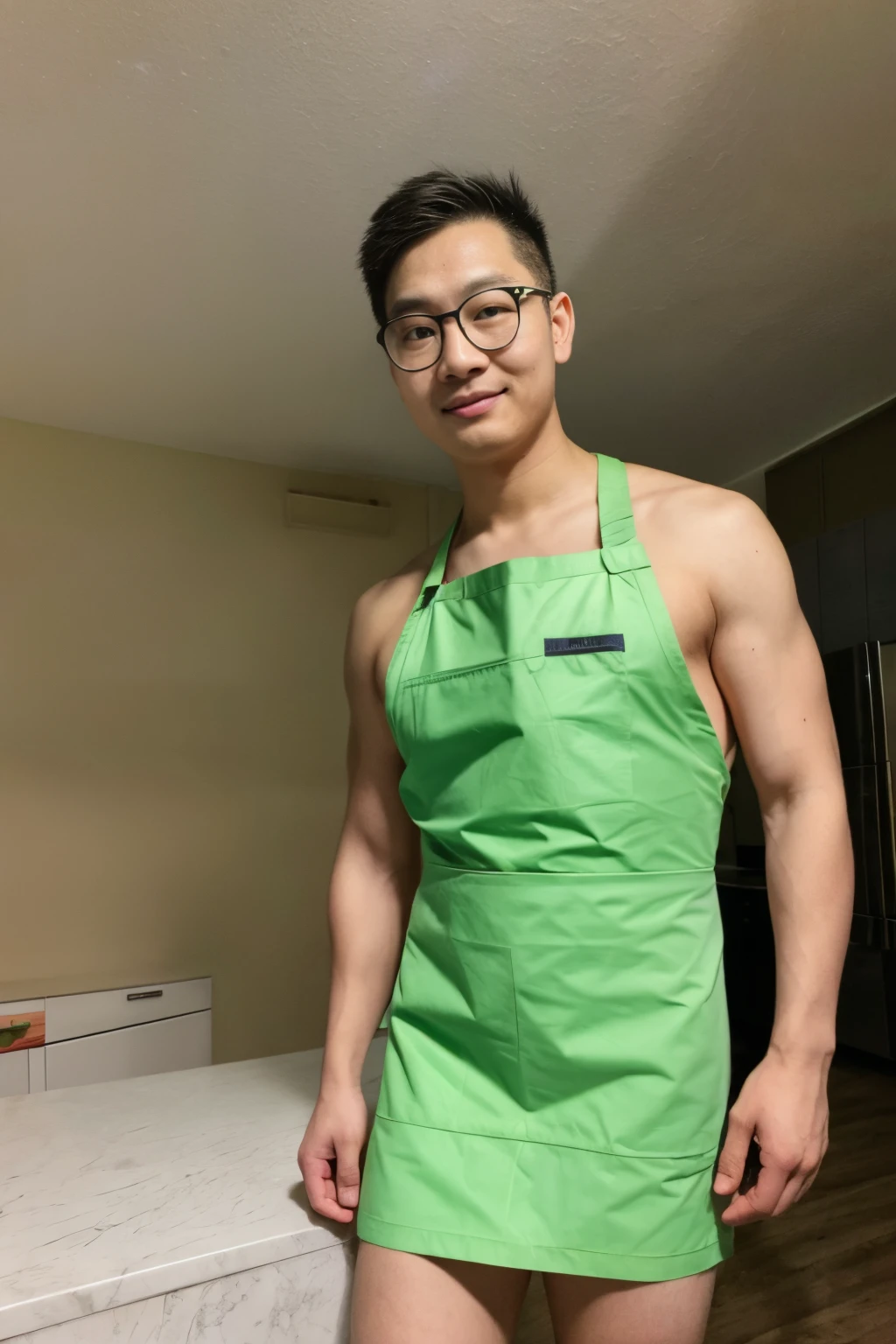 Andrew thomas huang, oval face, eyeglasses, neat muscular, nude, apron, kitchen