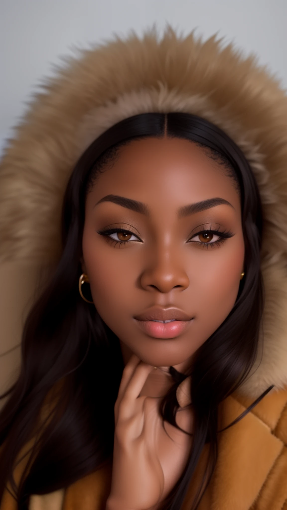 there is a woman wearing a fur coat and a gold jacket, with brown skin, detailed flawless face, 1 / 2 headshot, profile image, headshot profile picture, 1 / 4 headshot, photo of a black woman, full face close up portrait, close up face, brown skin. light makeup, young black woman, profile pic, she has olive brown skin, closeup headshot