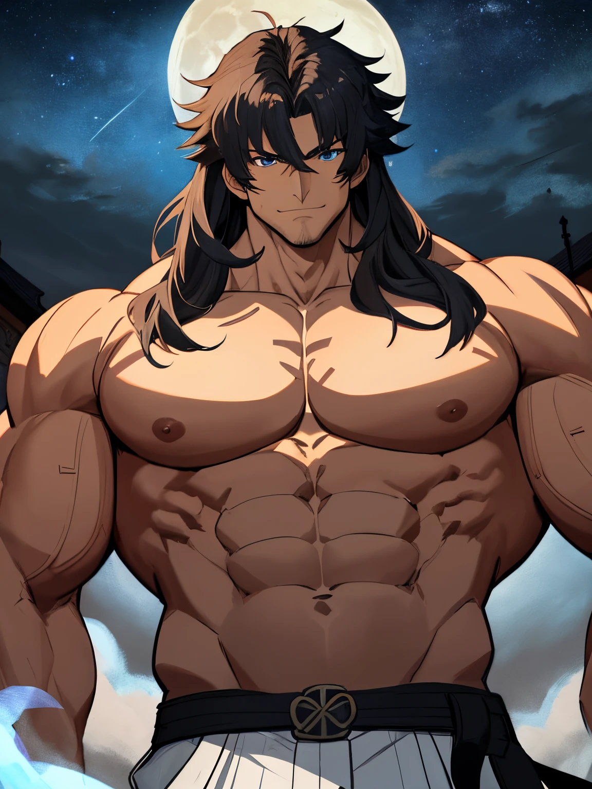 (masterpiece:1.4), (best quality:1.4), 1 man, solo, (Emiya Kiritsugu \ Fate\Zero):1.2), a muscular man, tanned complexion, jet black hair, (((shoulder length hair))) blue eyes, (very detailed eyes:1.2), ((delicate eyes:1.2, anime style eyes:1.2)) (very detailed face:1) (very detailed iris and pupils :1.2) Celtic sword, ((Celtic sword.)) Bare torso, bare shoulders, Shirtless, Topless, Gigachad, Tan skin, body full of enormous muscles, V-shaped body, arrogant smile, shirtless, topless, gigachad, he wear a brown cloth loincloth and a black belt, massive muscles, massive pecs, ((massive pectorals)) ((huge pectorals)) chiseled abs, huge and massive pectorals, exaggeratedly huge and massive muscles, shoulders twice as wide, massive shoulders, 300 lbs, looking at viewer, upper body, Barbarian village in a meadow, sky, night, stars, moon.