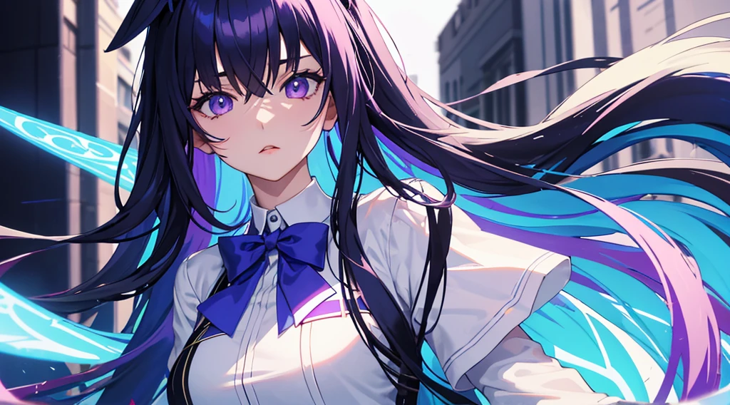 tmasterpiece, Best quality at best,In the daytime, Magic Class, , Blue oblique bangs long hair, Purple eye，female pervert, Wearing a college uniform，Arrogant temperament，high qulity, Beautiful graphics, high detal