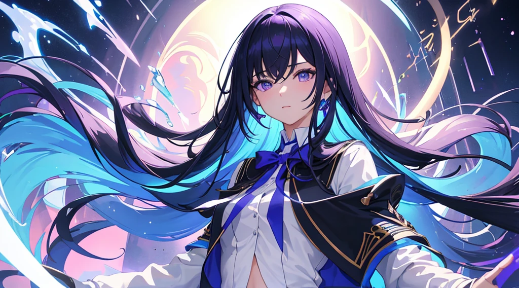tmasterpiece, Best quality at best,In the daytime, Magic Class, , Blue oblique bangs long hair, Purple eye,female pervert, Wearing a college uniform,Arrogant temperament,high qulity, Beautiful graphics, high detal