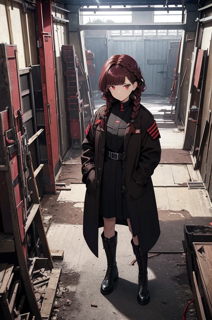 dark red hair, full body Esbian, fluffy hair, Layered Bob, ((Braided shorthair)), ((Braiding bangs)), (a short bob), ((Black long coat)), ruins, inside in room, Slightly red tide, Rin々Facial expressions, ((Perspective from above)), ((Black military uniform)), hands in the pocket, Brown boots, Fishing eyes