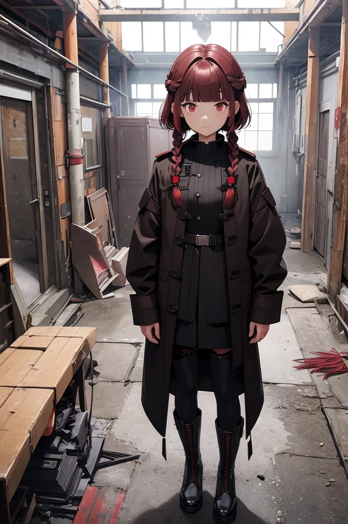 dark red hair, full body Esbian, fluffy hair, Layered Bob, ((Braided shorthair)), ((Braiding bangs)), (a short bob), ((Black long coat)), ruins, inside in room, Slightly red tide, Rin々Facial expressions, ((Perspective from above)), ((Black military uniform)), hands in the pocket, Brown boots, Fishing eyes