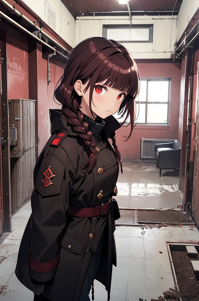 dark red hair, full body Esbian, fluffy hair, Layered Bob, ((Braided shorthair)), ((Braiding bangs)), (a short bob), ((Black long coat)), ruins, inside in room, Slightly red tide, Rin々Facial expressions, ((Perspective from above)), ((Black military uniform)), hands in the pocket, Brown boots, Fishing eyes
