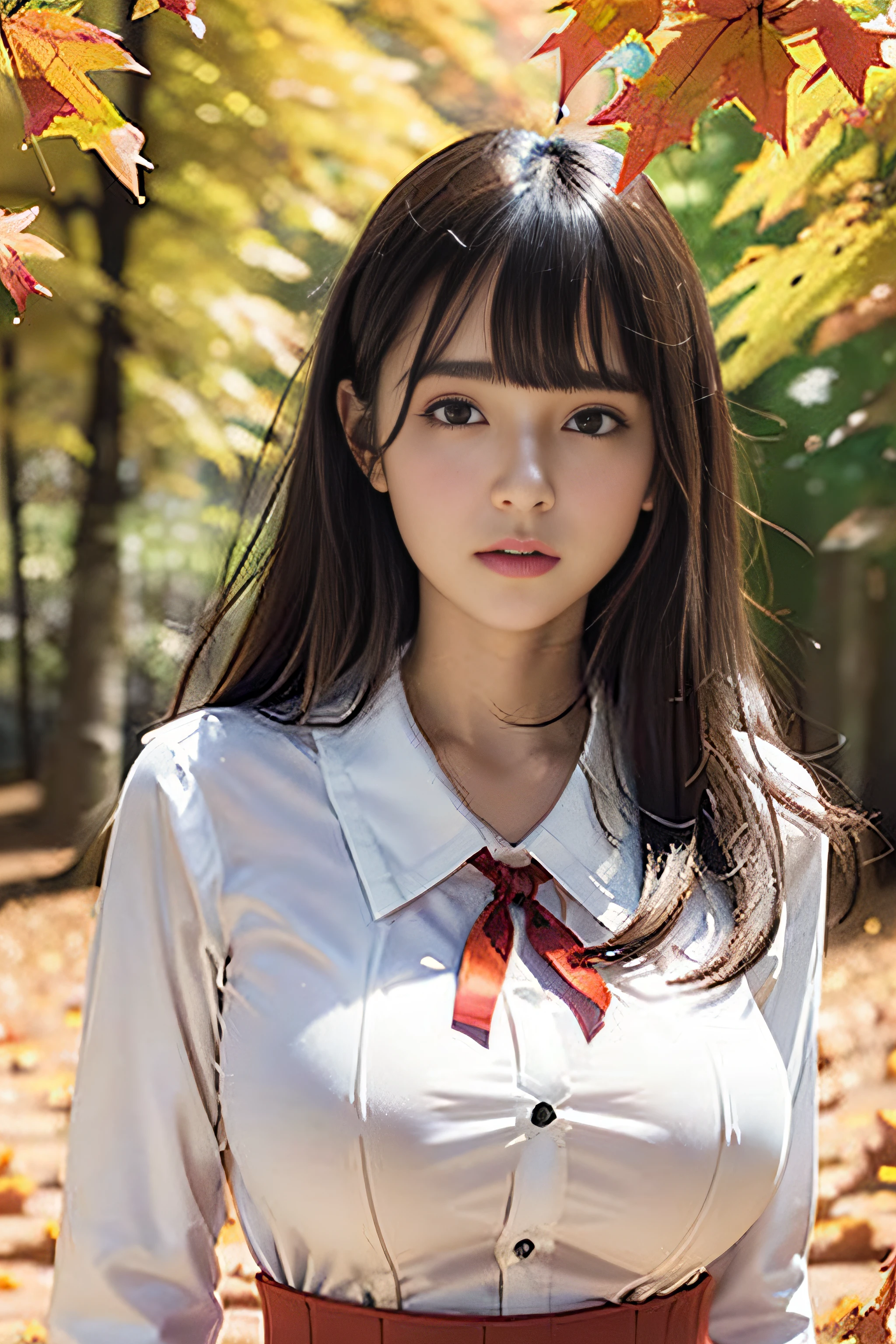 1womanl, up of face, Colossal tits,light brown hair, Blunt bangs, hair behind ear, hair over shoulder, Long hair, slender body shape, Ultra Fine Face, Thin face, Delicate lips, Beautiful eyes, thin blush, eyes are light brown, perfect glossy skin, flawless skin, Glistening sweat,View here, Ultra-thin hands, Ultra-fine fingers:realisitic:1.3), (Forest of autumn leaves:1.4), One-person viewpoint, Fuji Film, 8K, masutepiece, nffsw, Super Detail, High quality, Best Quality, hight resolution, ((Don't show your fingertips))、the golden hour Beautiful light, (((Schoolgirl Uniform)))、(((White Short Sleeve Low Cut Front Button Shirt、Red Ribbon)))、((Ultra Micro Mini Dark Blue Pleated Skirt)) (((Colossal tits:1.4))) (((Positive image:1.3))),((Light long-sleeved shirt:1.2))、