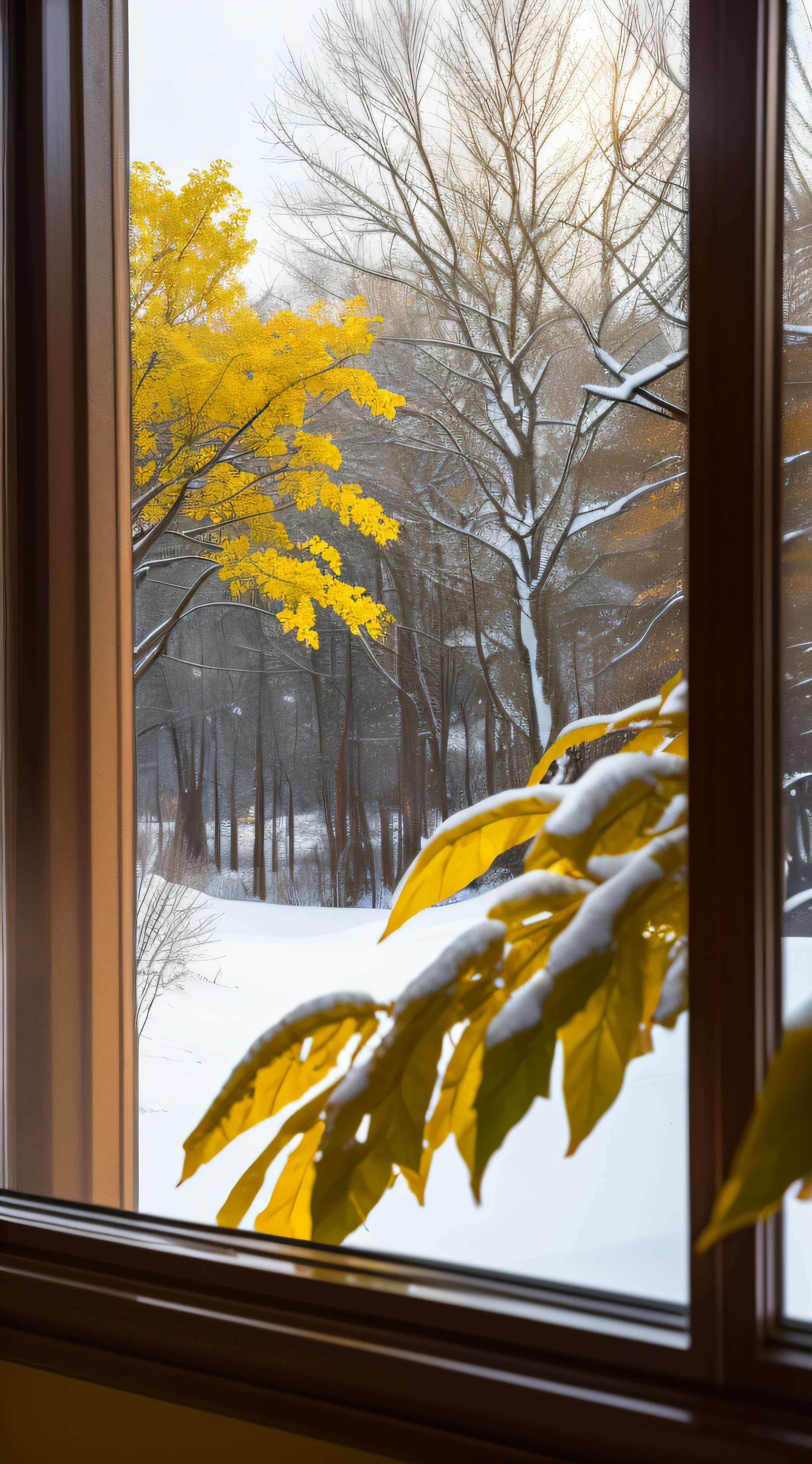 Snow sweeps away yellow leaves outside the window,yellow leaves on the snow,High Quality 8K