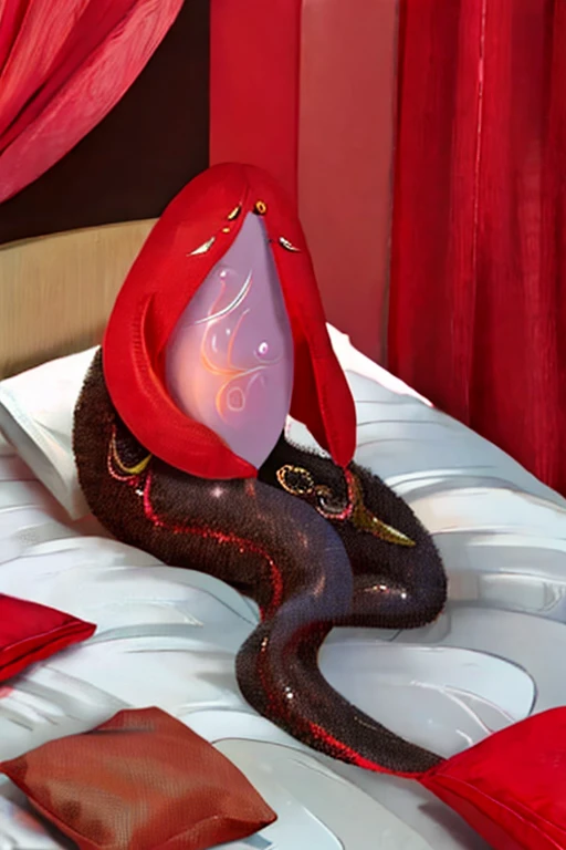 a cartoonish creature with the body of a leech and the face of a woman. She lies in a bed