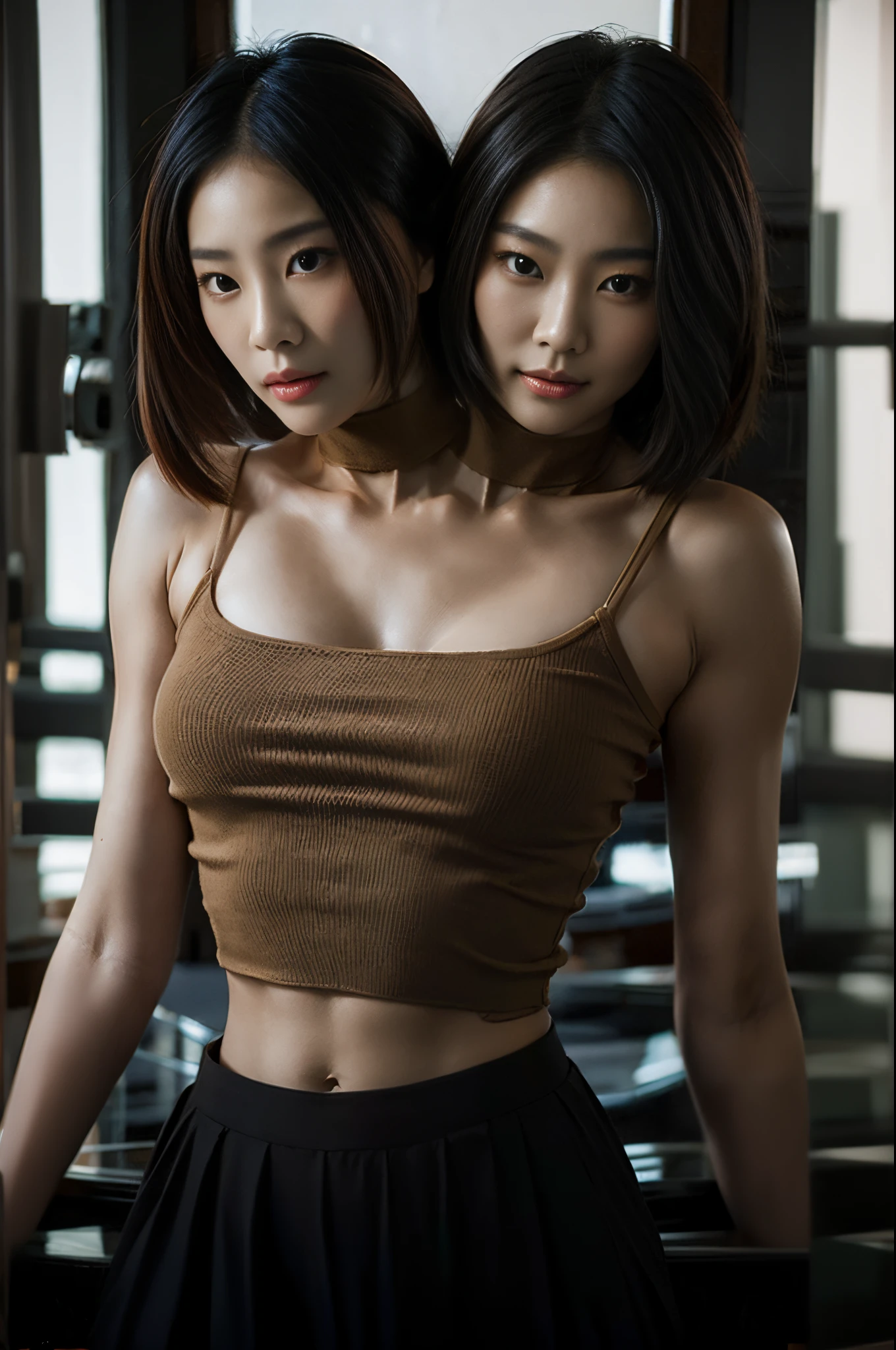 best resolution, 2 heads, half-body shot,asian woman with two heads, crop top, different haircuts