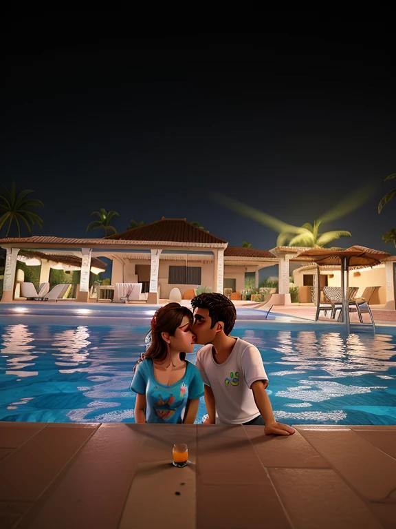 casal se beijando na piscina com festa no fundo, ele sem camisa e ela vestida com uma camisa escrito pedro jales atras