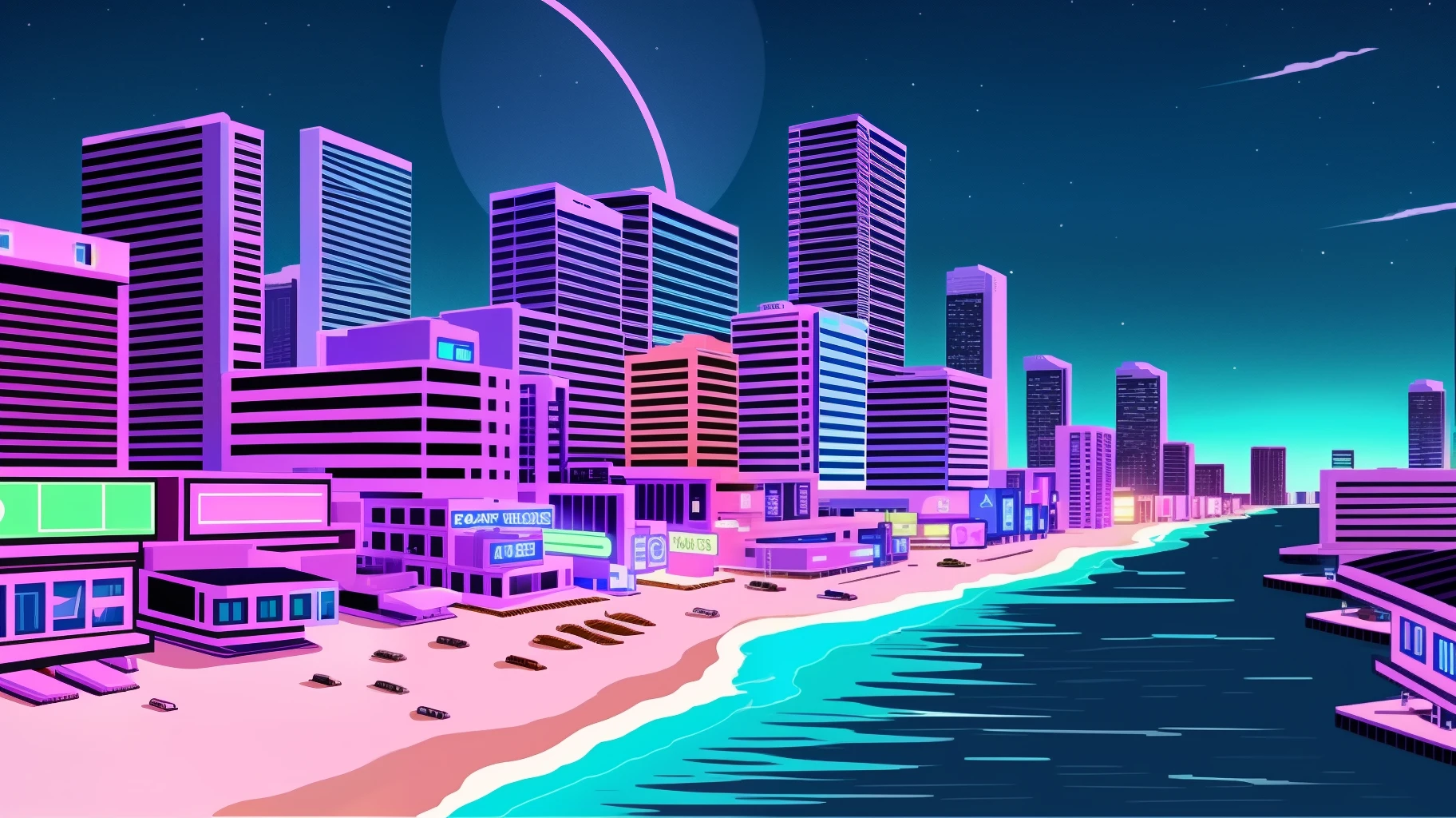 GTA 6 vice city nightscape, beachside, buildings, neon signs, cinematic, realistic --auto --s2