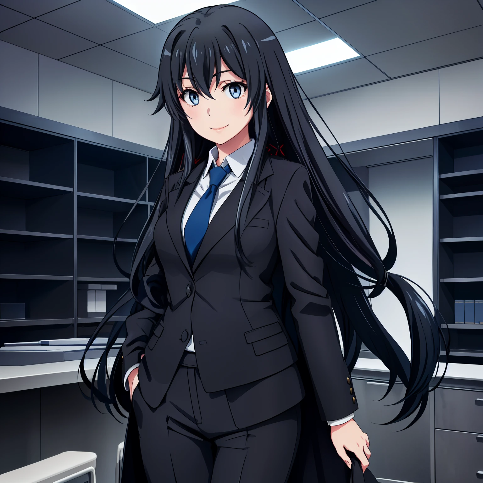 1girl , Yukinoshita Yukino ,A woman wearing a business suit and long coat stands in a large gap in the room, 1girl, 独奏, necktie, Black hair, eyes blue, long hair, smile, jacket, looking at the scenes