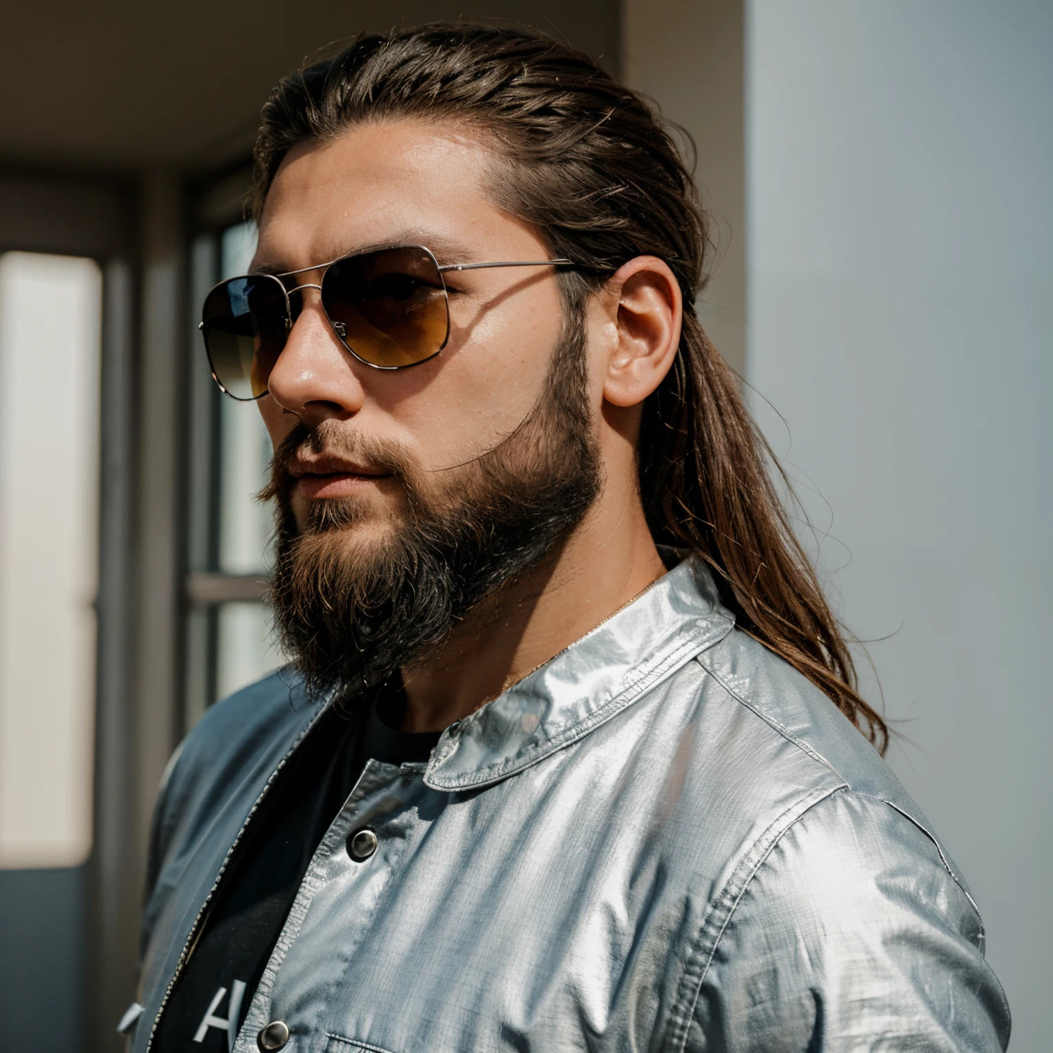 A silver logo of a man with sunglasses and longand modern beard