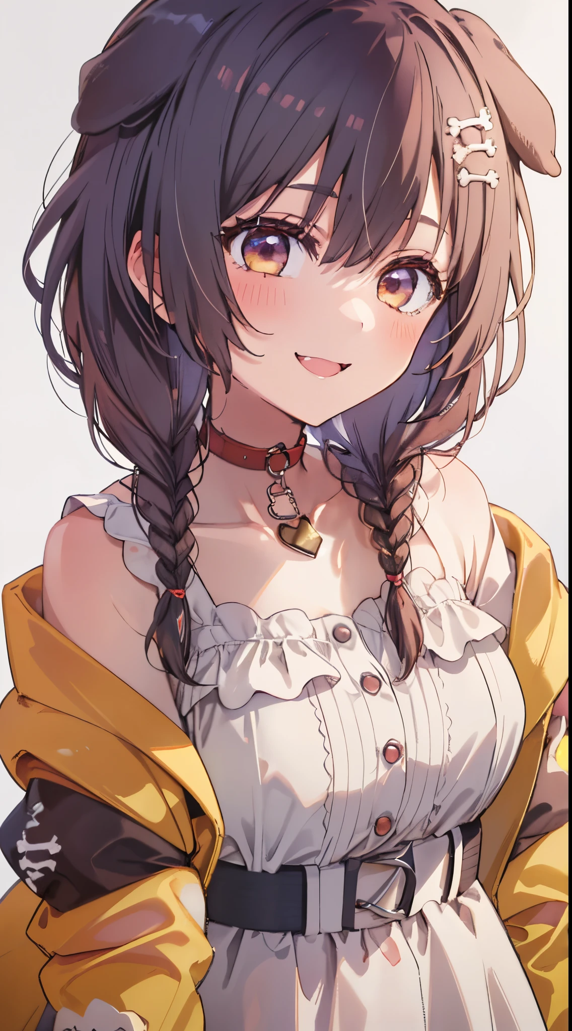 1girl in, Solo, Simple background, Yellow jacket, white dres, off shoulders, animal collar, low twin braids, Bone hair ornament, Dog tail、(((a closeup)))、A smile、Open your mouth