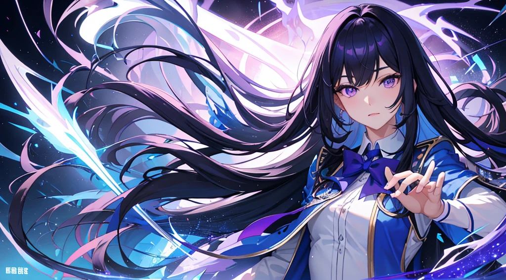 tmasterpiece, Best quality at best,, Magic Class, , Blue oblique bangs long hair, Purple eye，female pervert, Wearing a college uniform，Arrogant temperament，high qulity, Beautiful graphics, high detal