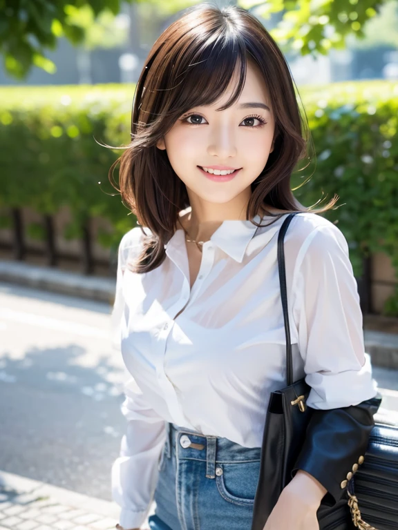((Best Quality, 8K, Masterpiece: 1.3)), Sharp Focus: 1.2, A Beautiful Woman with Perfect Figure: 1.4, Slim Abs: 1.2, (Layered Hairstyle,: 1.2)), (Wet White Button Long Shirt: 1.3), Rain: 1.3, Street: 1.2, Wet Body: 1.1, Highly Detailed Face and Skin Texture, Detailed Eyes, Double Eyelids, Big Breasts, Smile,