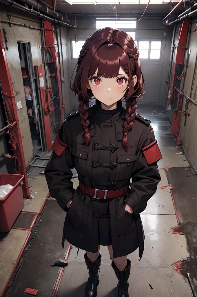 dark red hair, full body Esbian, fluffy hair, Layered Bob, ((Braided shorthair)), ((Braiding bangs)), (a short bob), ((Black long coat)), Ruins, inside in room, Slightly red tide, Rin々Facial expressions, ((Perspective from above)), ((Black military uniform)), hands in the pocket, Brown boots, Fishing eyes