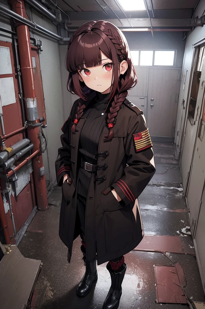 dark red hair, full body Esbian, fluffy hair, Layered Bob, ((Braided shorthair)), ((Braiding bangs)), (a short bob), ((Black long coat)), Ruins, inside in room, Slightly red tide, Rin々Facial expressions, ((Perspective from above)), ((Black military uniform)), hands in the pocket, Brown boots, Fishing eyes