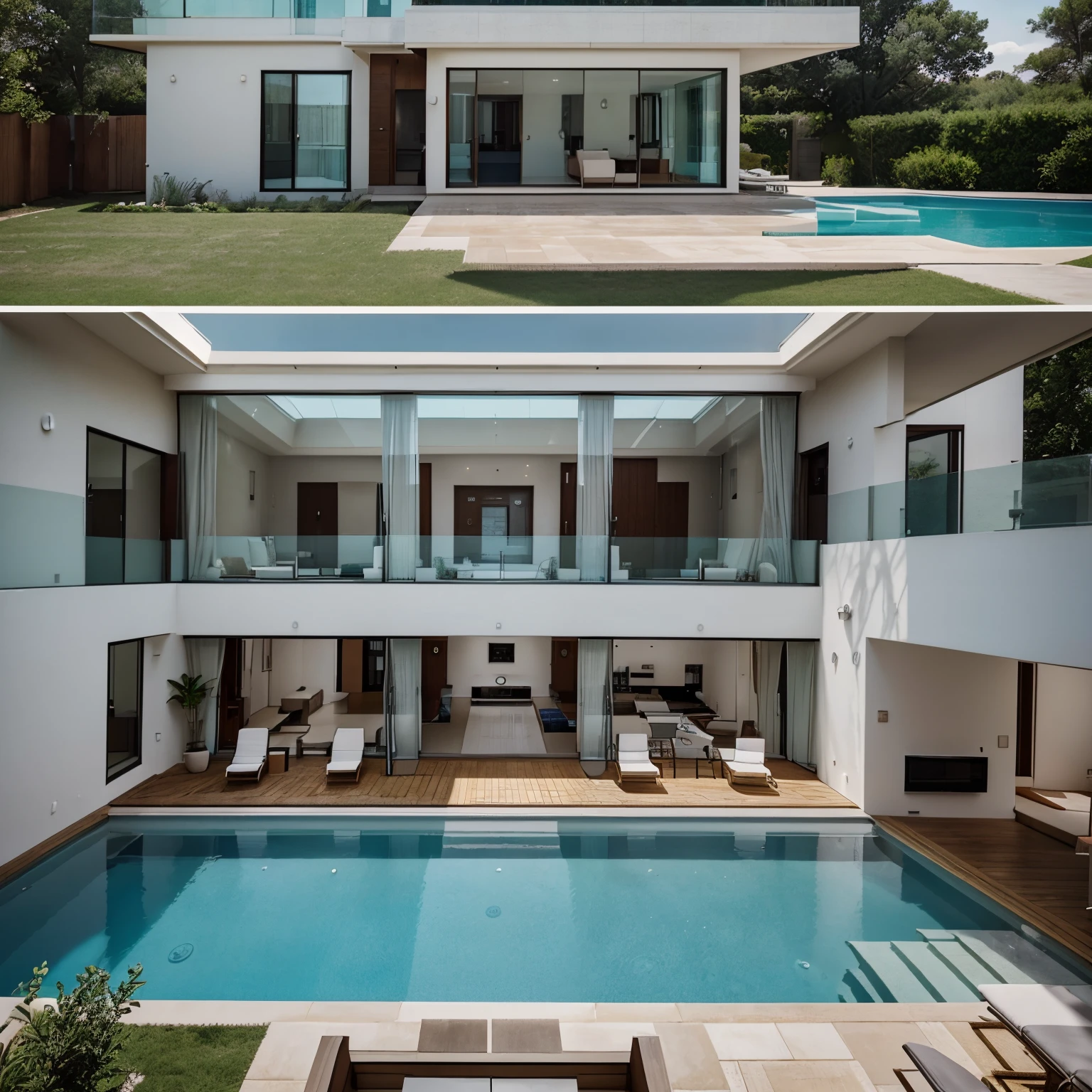 a house plan, with 4 bedrooms with attached bathrooms, with a open pool in the centre of the house with garden, all four bed rooms facing the pool, 2 common bathrooms, 1 kitchen, 2 story house, all 4 bedrooms on the top floor, living room facing the pool at bottom, pool is visible from the inside through glass walls