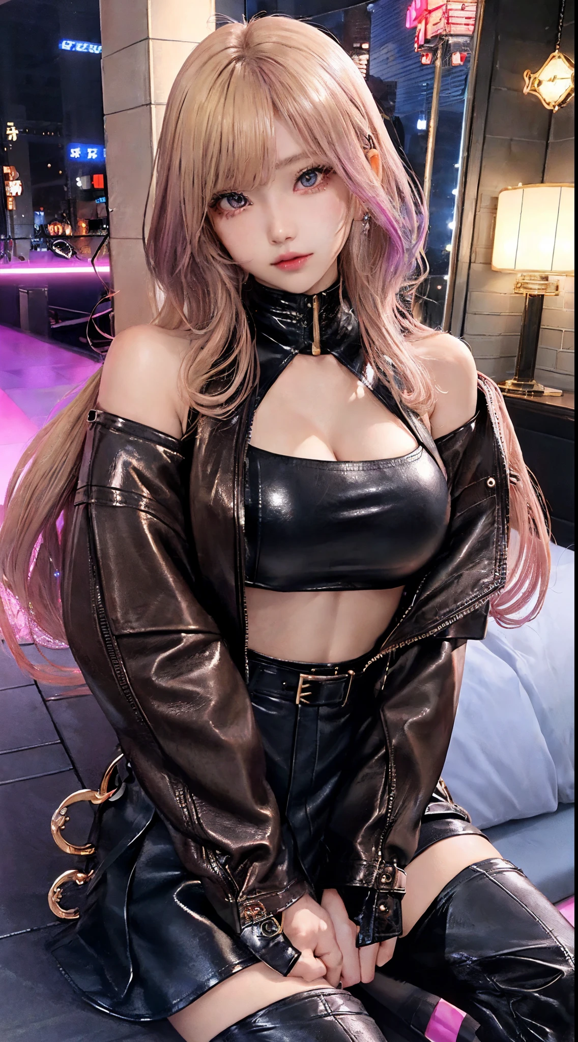 1人の女性、girl with、Semi-long、Gradient hair color、Loose Wave、leather jackets、Leather skirt、short leather boots、Eyes Like Gems、Anime Art Style、barechested、Quality clothing décor、High-quality ornaments、a blond、Beautiful skin、