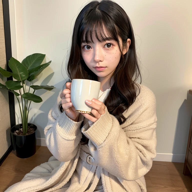 Cute woman wrapped in a fluffy blanket、((25-years old))、japanes、sitting on、1 girl in、Japanese narrow studio apartment、Hold a ceramic coffee cup with both hands、viewer is looking down、a picture、35mmfilmg、Sleepy face、short-hair、waved hair、disheveled hair、Fix、no-makeup、Plump lips、Detailed finger、real looking skin、Spoiled face、face with a little mole、I have a few freckles,((wariza)), detailed legs