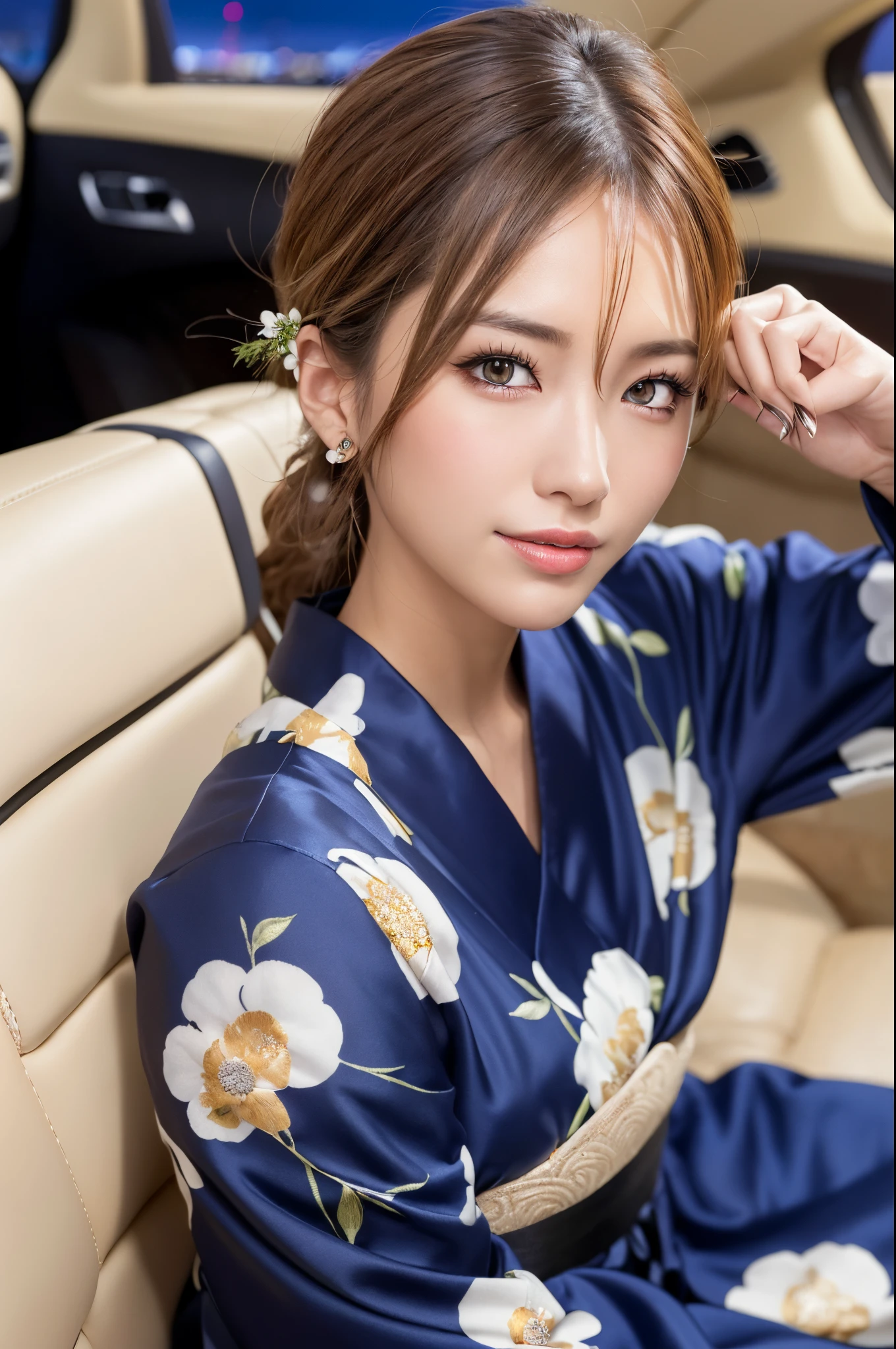 (masutepiece:1.3), High resolution, ultra-detailliert, the Extremely Detailed CG Unity 8K Wallpapers, Realistic, Photorealsitic, Raw photo, beautifull detailed face, pale skin, realistic glistening skin, Detailed Cloth Texture, detailed hair texture, Perfect body, Beautiful face, acurate, Anatomically correct, Highly detailed face and skin texture, Natural neck length, (Beautiful hands), (Fair skin:1.2), thin legs, Thin feet, (Aligned teeth:1.1), Sweaty skin,
BREAK,
Detailed eyes, symmetrical eye, Light brown eyes, Double eyelids, Thin eyebrows, (Glossy lips:1.4), ((gently smiling:1.2)), (blush:1.1), (Small hair accessories that sparkle:1.1),
BREAK,
(Classy and cute girl:1.3), (1 girl, Solo), (Wearing an elegant navy blue yukata with a white floral pattern:1.2),
BREAK,
medium large breasts, Slender figure, Firm abs, Beautiful collarbone,
((up do hairstyle:1.2)), (Dark blonde hair), ((Wavy Hair, Long hair:1.2)), (upperbody shot:1.2), (Looking at Viewer), (Focus on Face:1.2), from the front side,
BREAK,
((Sit across from the plush seats in the limousine:1.3)), ((Toast with a glass of champagne at night:1.4)),