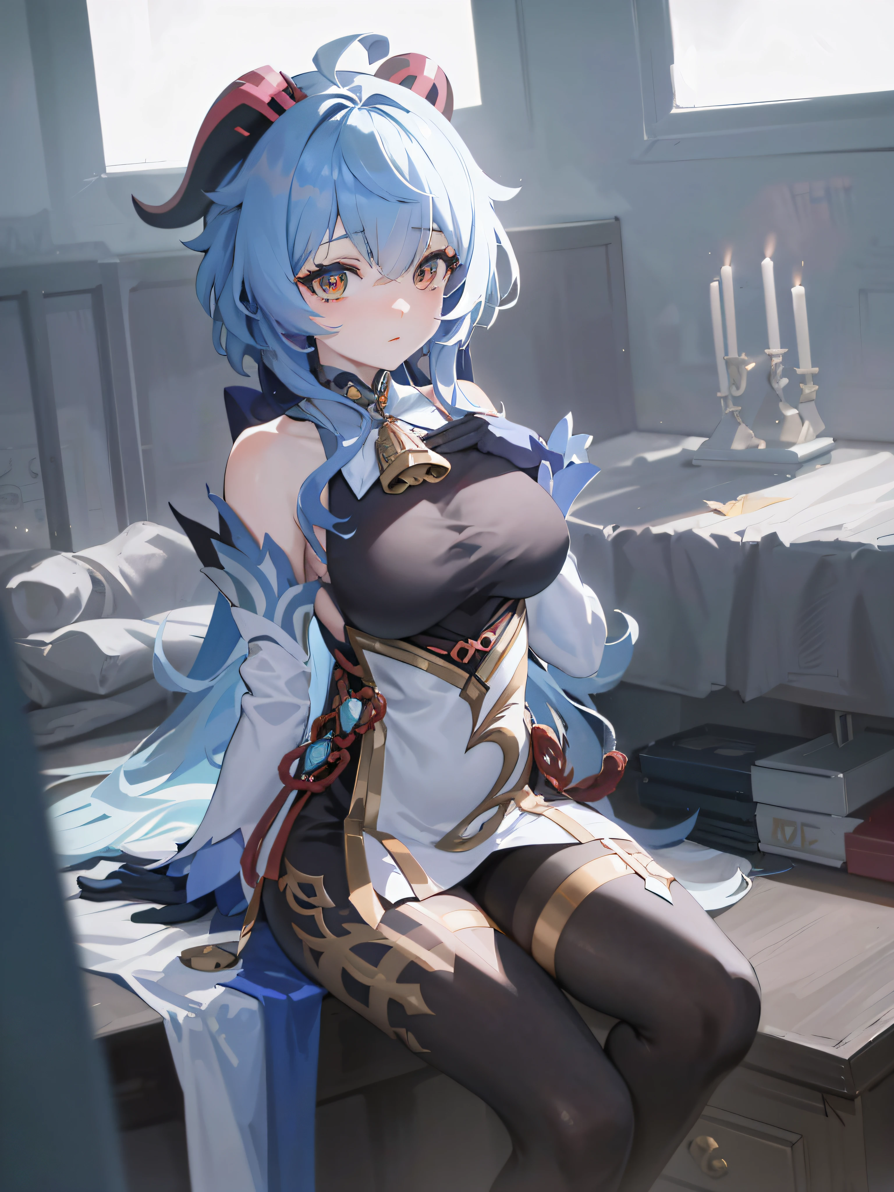 Anime girl sitting at the table，He has a cat on his lap, Ayaka Genshin impact, the original god, 《the original god》Keqing in, guweiz on artstation pixiv, Guweiz in Pixiv ArtStation, Popular topics on artstation pixiv, ayaka game genshin impact, Very detailed ArtGerm, Blue scales cover her breasts