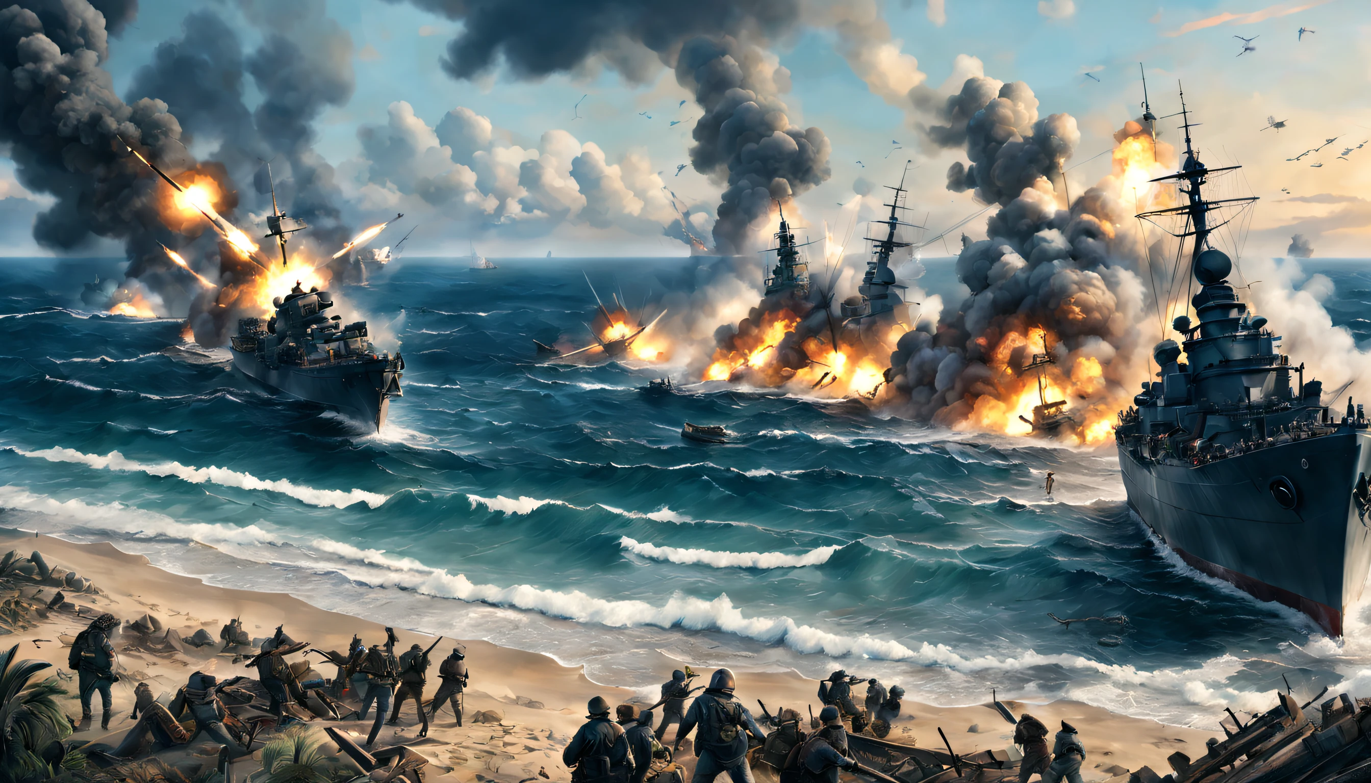 I need you to draw a first-person picture of the battle on the beach and the 6-BEARED GATTLING GUN in the center of the picture is firing at warships, planes, and soldiers landing from the sea in an extremely terrible bombardment. .