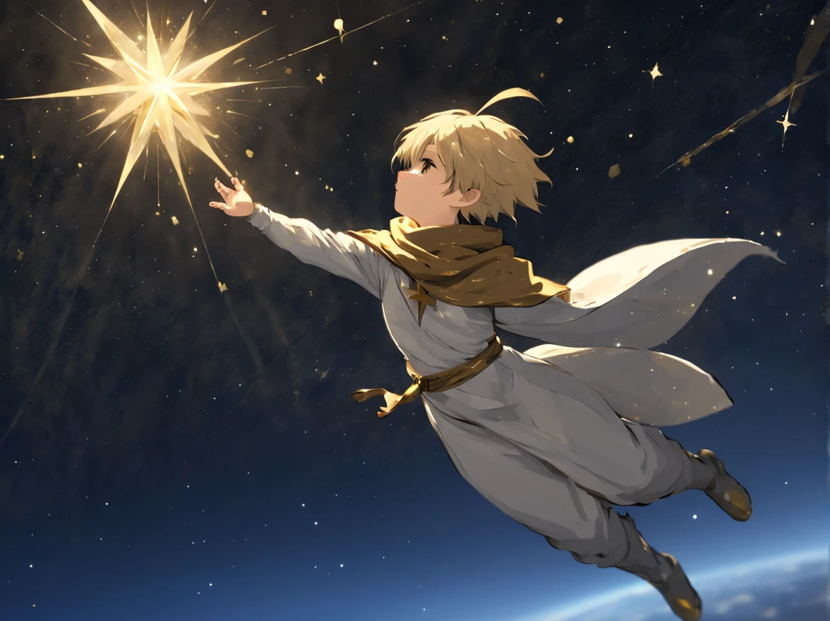 Full Body, Side view, FFXIV, Final Fantasy 14, ((Lalafel)), Shota, pointy-ears, golden short hair, (floating in outer space), (left arm outstretched trying to reach a star), Looking towards the star, a star near his left hand, (Wearing white tunic with a intricate golden scarf), (long ears), Cosmic star-filled sky scenery, best quality, masterpiece, ultra-detailed,8k.