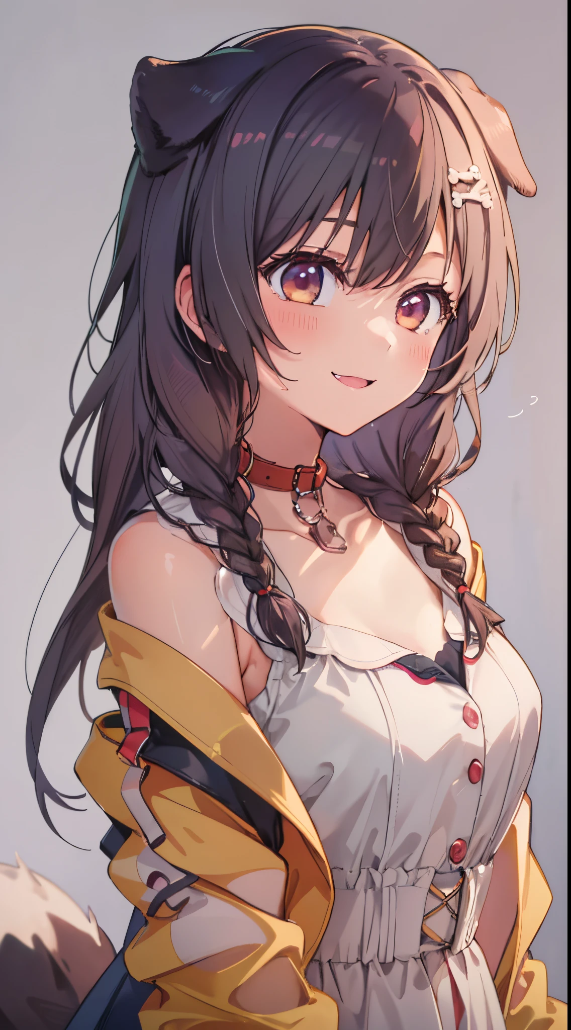 1girl in, Solo, Simple background, Yellow jacket, white dres, off shoulders, animal collar, low twin braids, Bone hair ornament, Dog tail、(((a closeup)))、A smile、Open your mouth、anime styled、2D