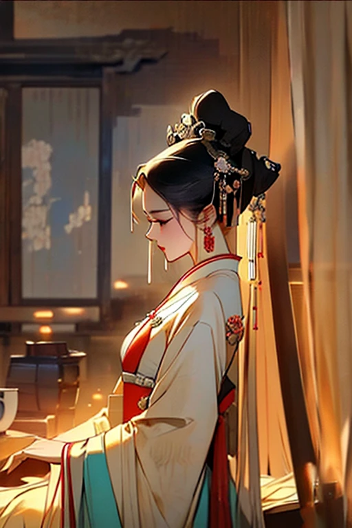 painting of a woman wearing beautiful song dynasty hanfu dress, she looks at the watcher