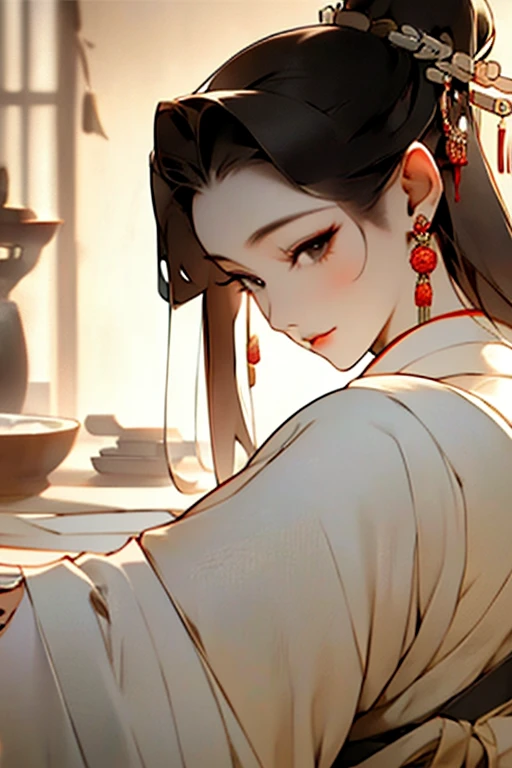 painting of a woman wearing beautiful song dynasty hanfu dress, she looks at the watcher