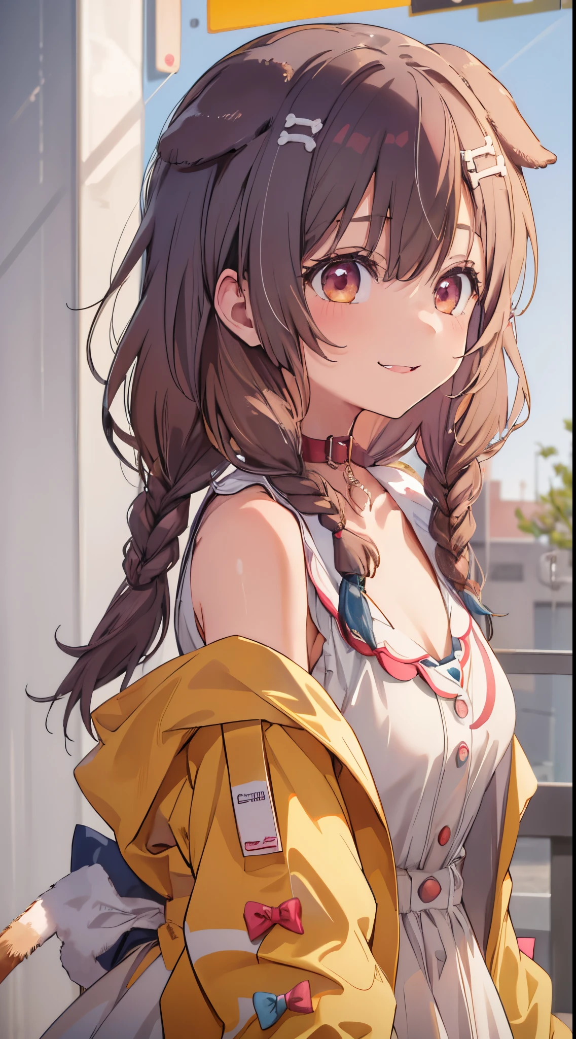 1girl in, Solo, Simple background, Yellow jacket, white dres, off shoulders, animal collar, low twin braids, Bone hair ornament, Dog tail、(((a closeup)))、A smile、Open your mouth、anime styled、2D