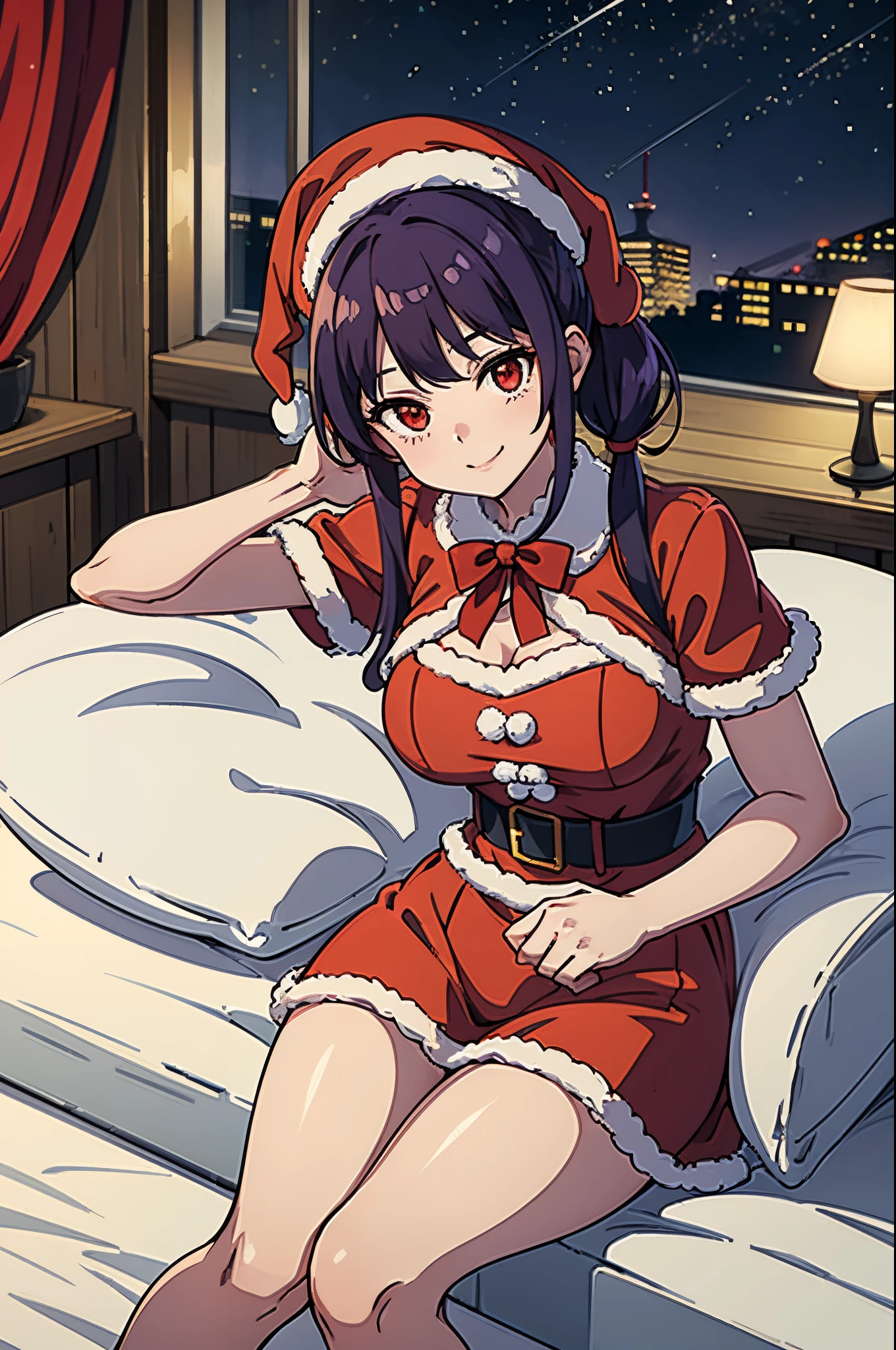 ８K、Best Quality、white Christmas、Bedroom with a view of the night sky、独奏、a beauty girl、delicated face、a smile、Long pigtails、Purple hair、red eyes、Colossal tits:1.8、Chest where clothes are about to tear、big butts:5.5、big breasts thin waist、Beautiful constriction、shinny skin、beauty legs、santa clothes、white stockings、Santa's Hat、red and white santa skirt、sit on a bed、Open your crotch、open one's legs、sole of feet、