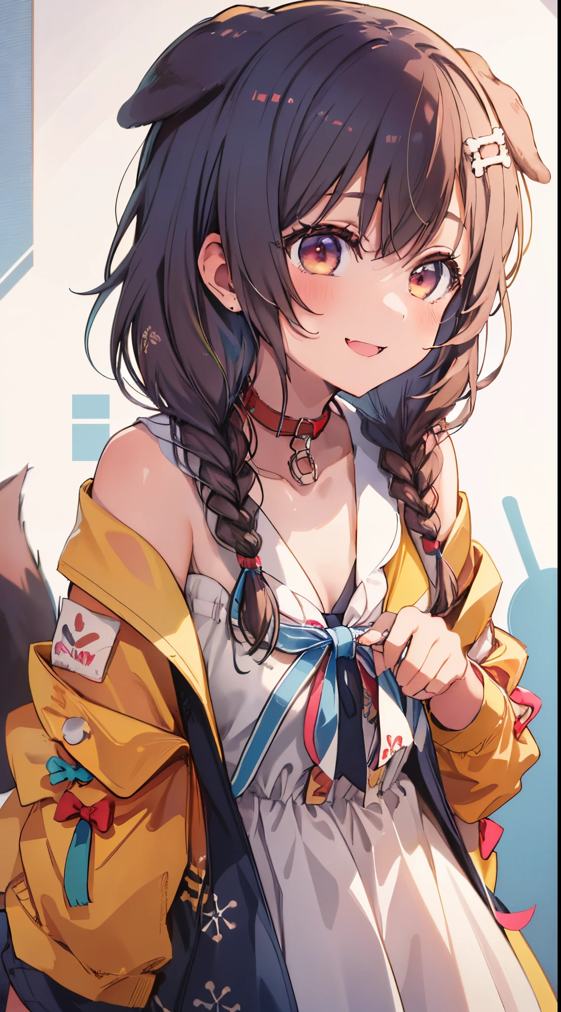 1girl in, Solo, Simple background, Yellow jacket, white dres, off shoulders, animal collar, low twin braids, Bone hair ornament, Dog tail、(((a closeup)))、A smile、Open your mouth、anime styled、2D